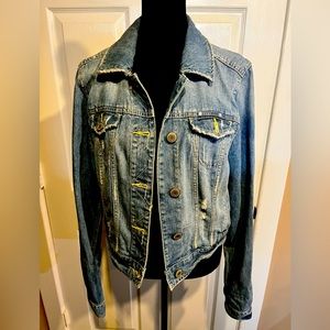 American Eagle Distressed Blue Button Closure Bomber Denim Jean Jacket sz Large